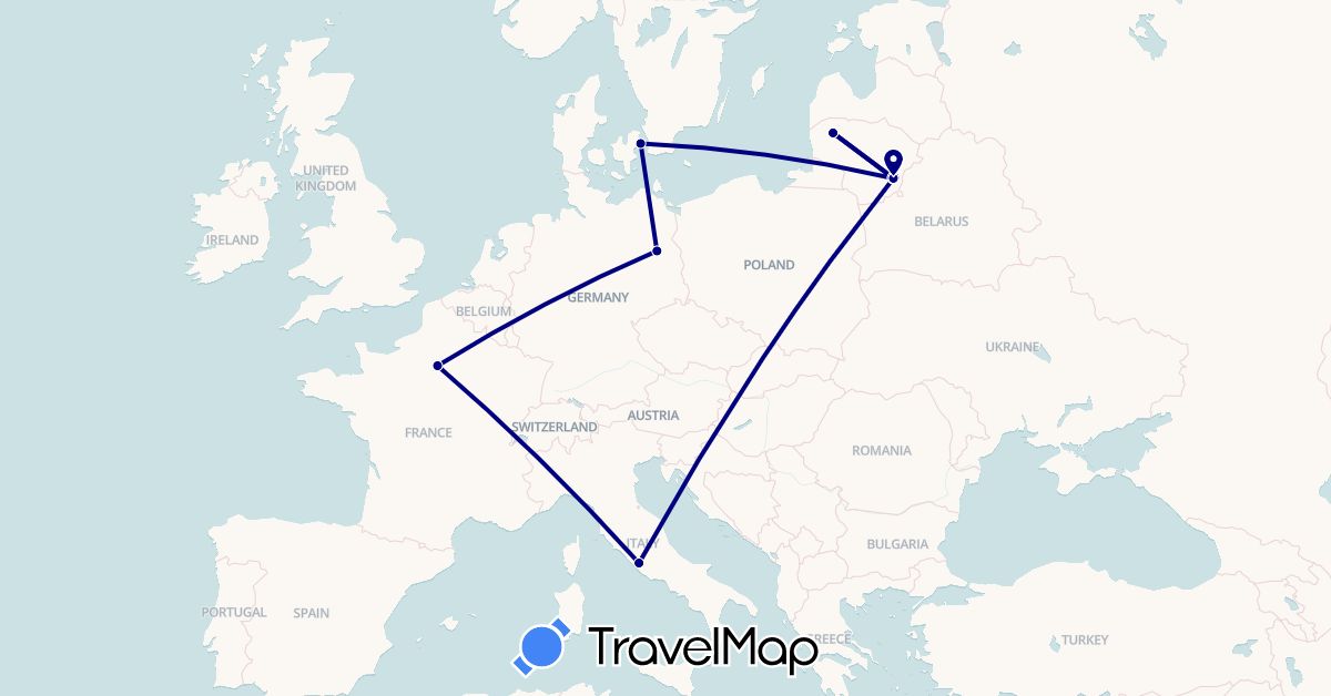 TravelMap itinerary: driving in Germany, Denmark, France, Italy, Lithuania (Europe)